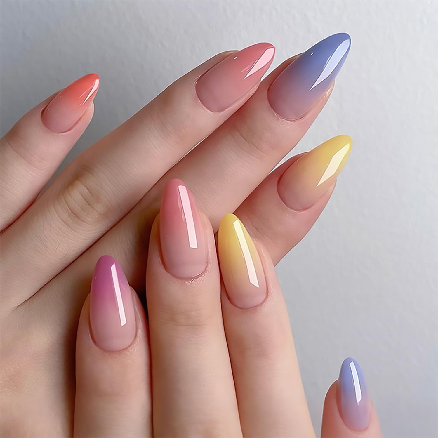 Colorful Gradient French Tip Press on Nails Medium Almond Fake Nail Colorful …