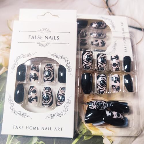 Rose Flower Press on Nails for DIY Manicure 24Pcs Glossy Black Rose Design 10