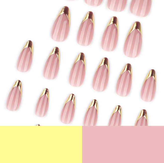 24pcs Simplistic French Golden-Edge Mirror Powder Press-On Nails, Short Almond