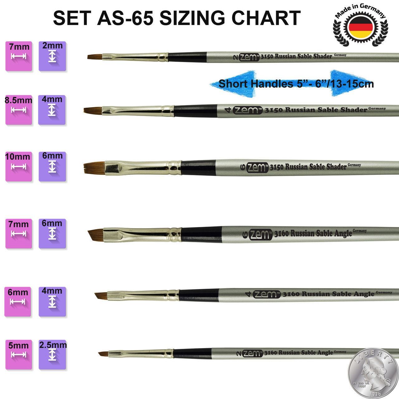 AS-65 Russian Pure Sable Shader and Angle Mix Brush Set 6 pcs