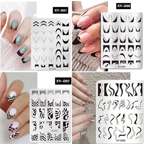 French Line Nail Stamper Plates Kit, 4Pcs Nail French Line Stamper Plates
