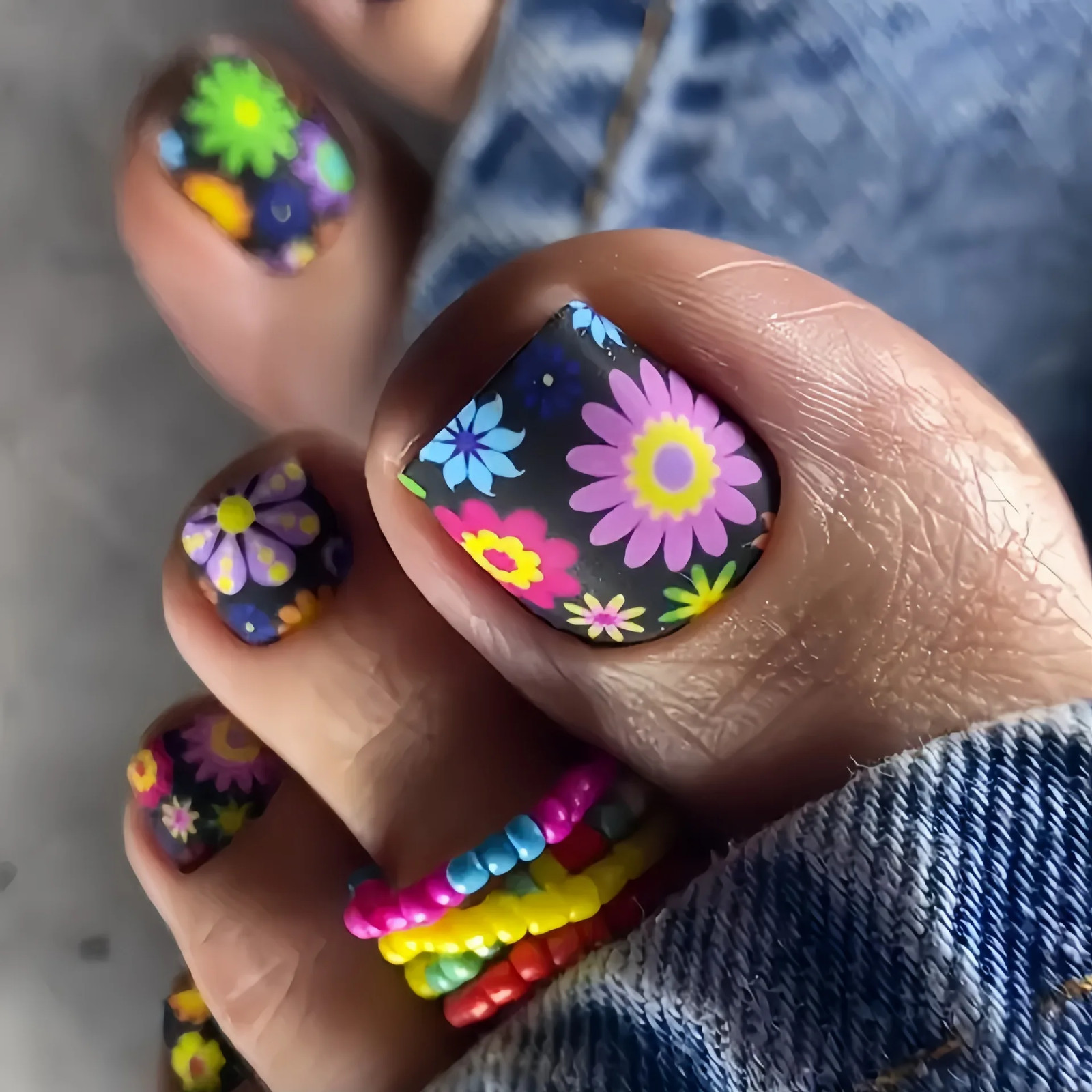 24pcs Flower Printed Press On Toenails European Square Head Fake Toenails