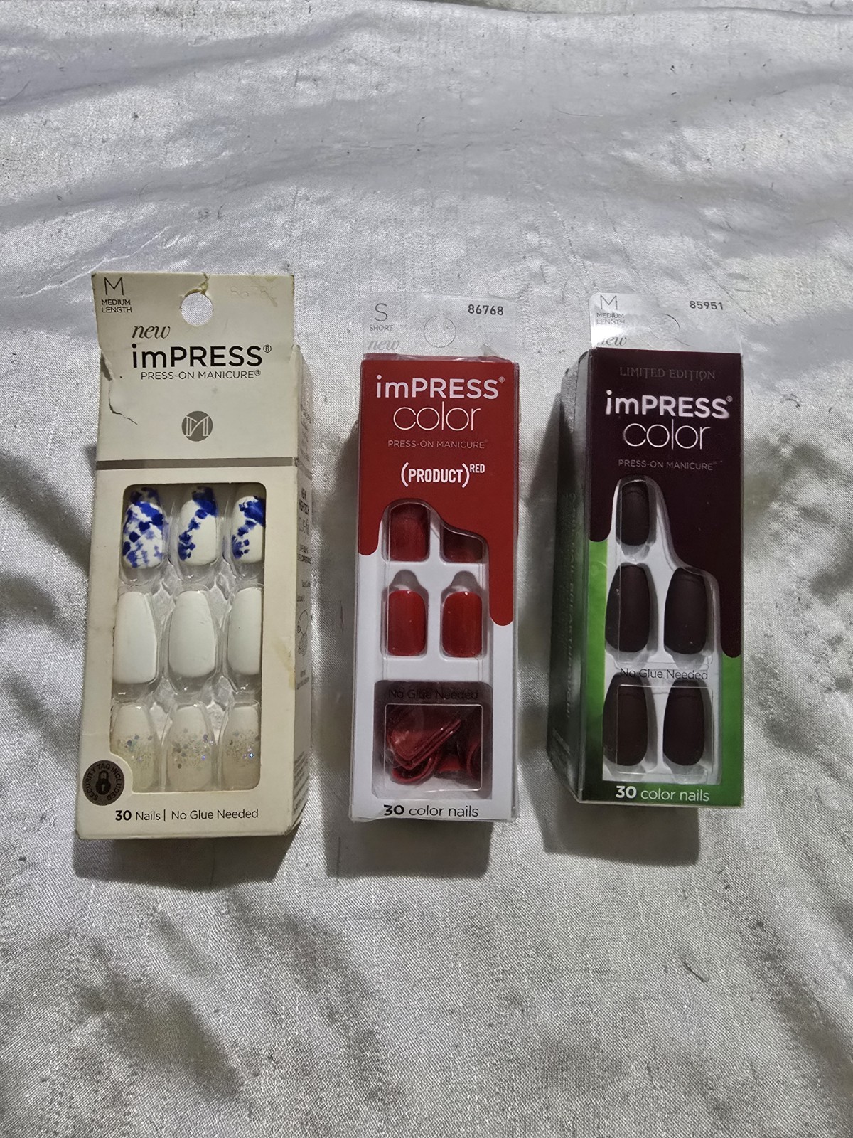NIB ImPRESS Lot Of 3 Press On Nails Red, Burgandy, Blue & White No Glue Needed