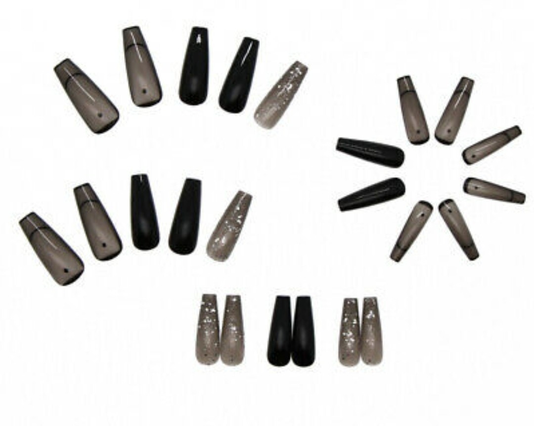 24 Long Jelly Black Clear press on nails kit with glue monochrome gray