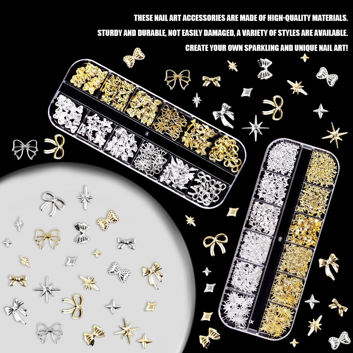 Gold Silver 3D Nail Charms 2Boxes 24Grids Bow Star Nail Gems Nail Studs Punk