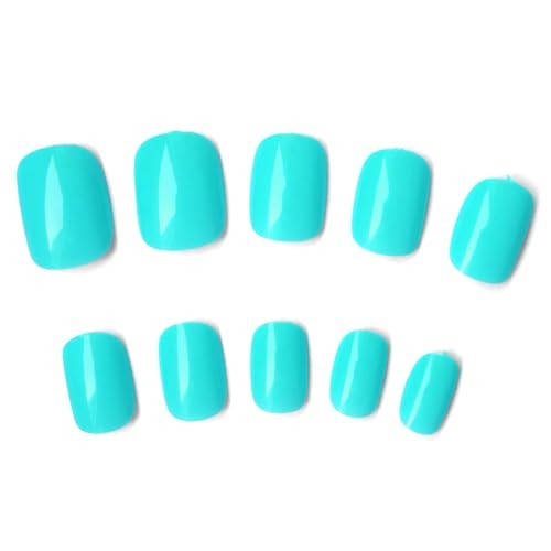 Short Press on Nails Square Round Short Fake Nails Glossy Full Cover Turquoise