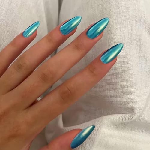 Teal Blue Chrome Press on Nails Almond Medium Acrylic Nails Press 39-Teal Blue