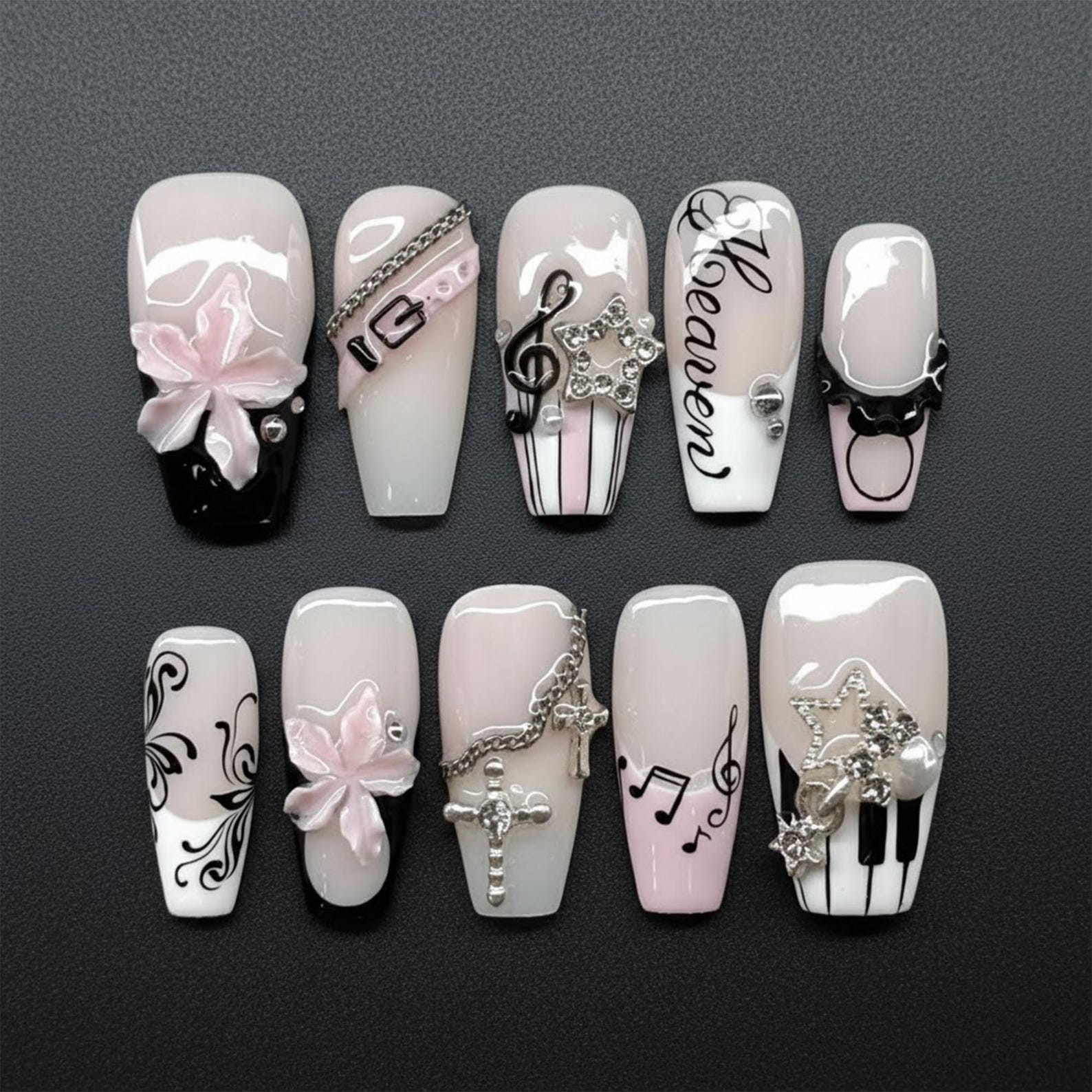 Handmade Pink Black Music Note Cross Star Rhinestone Long Coffin Press on Nails
