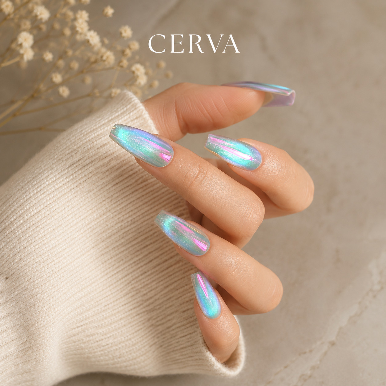 Aurora Chrome Press On Nails Reusable Iridescent Cat Eye Nails Handmade Glossy
