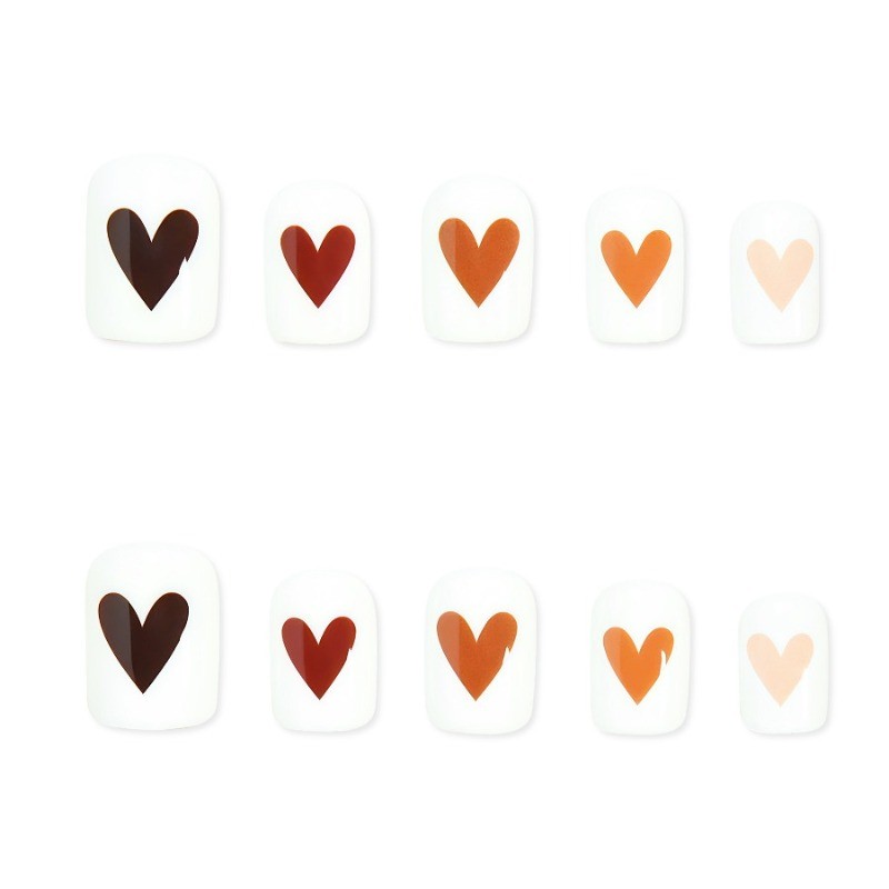 48PCS Short Square White Brown Heart Gradient Reusable Fake Nail Art