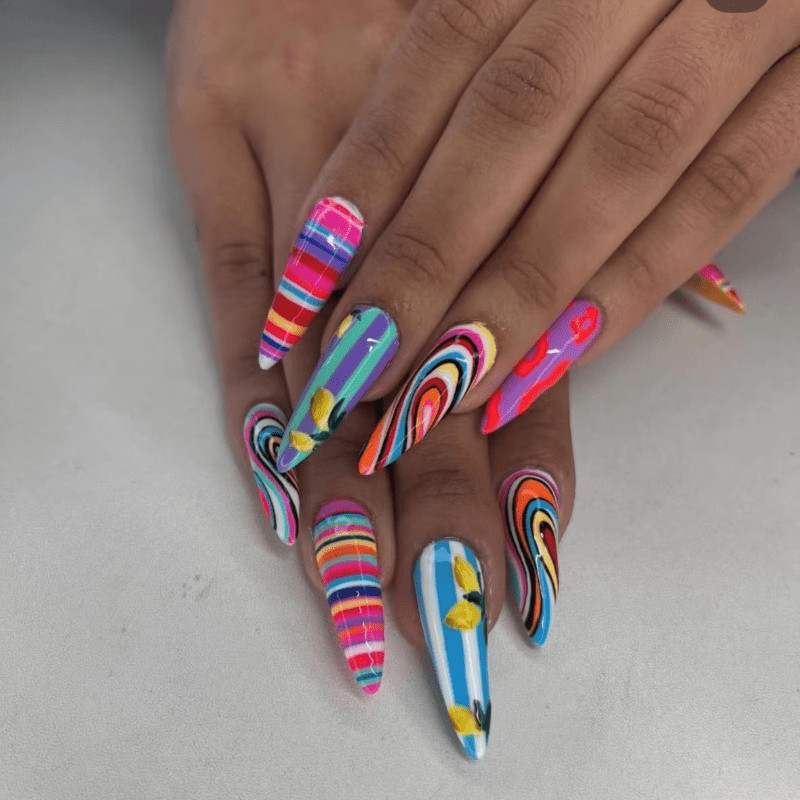 48pcs Press-on Nail Long Almond Stripe High-gloss Multicolor Nails Swirl Prints