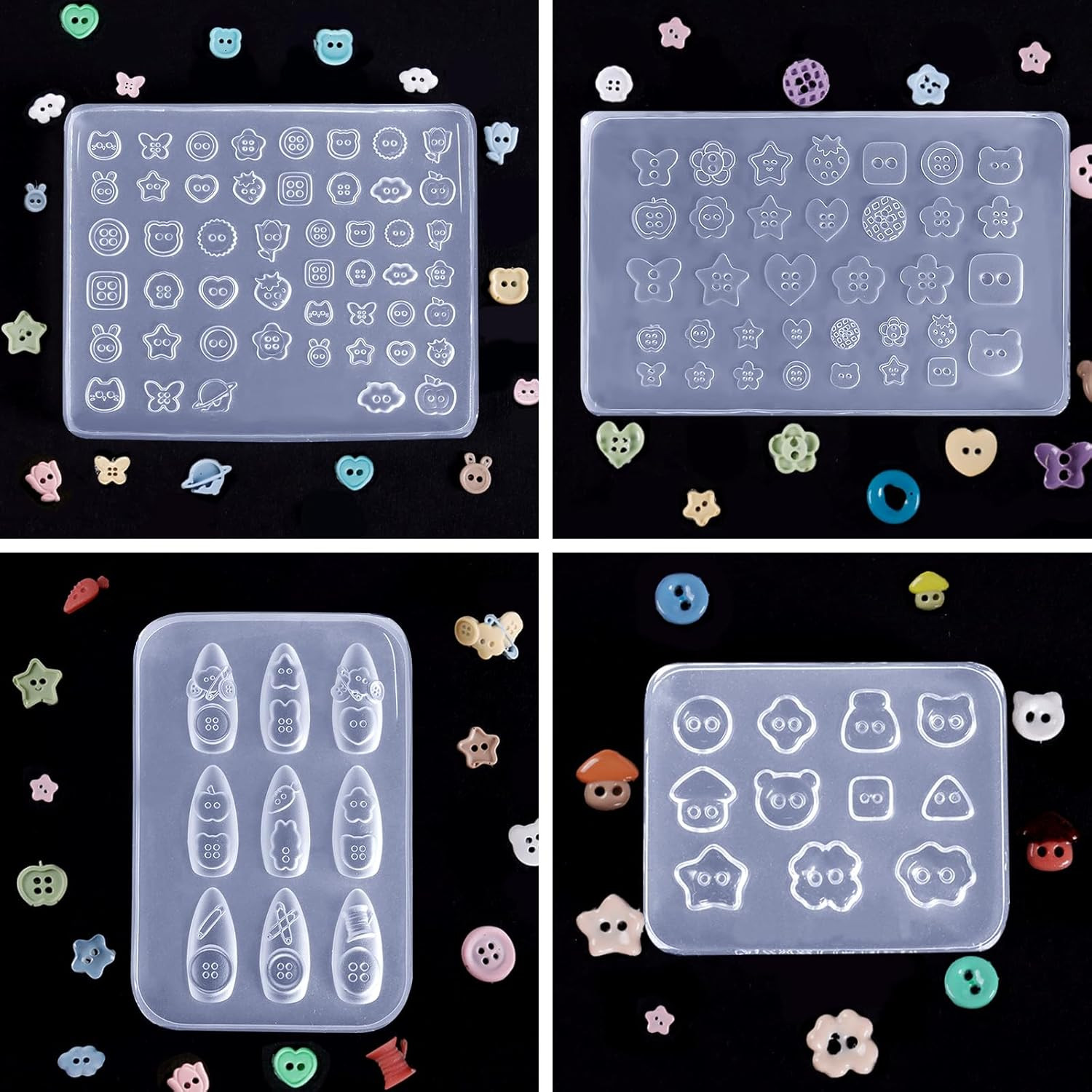 4Pcs Button Silicone Nail Art Molds, 3D Multiple Shapes Embossed Button Nail Cha