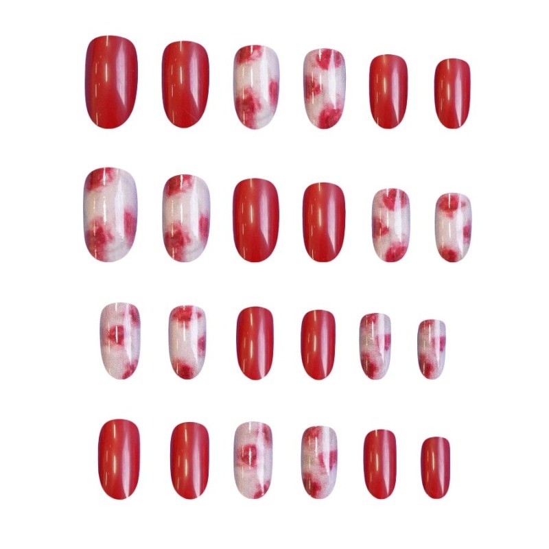 48PCS Red and White Gradient Rose Watercolor Reusable Fake Nails