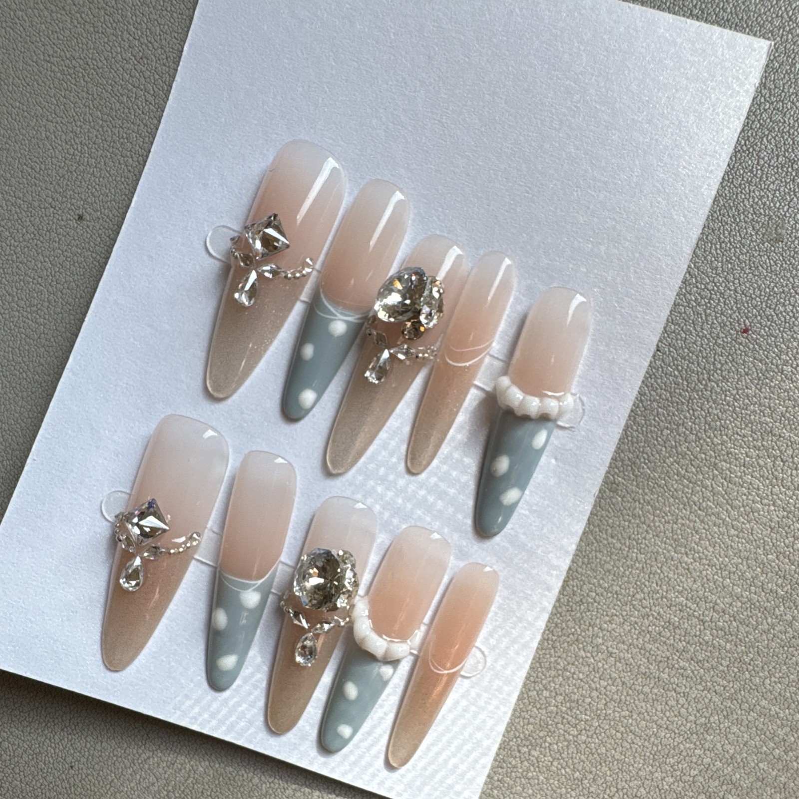 Press-On Nails Long Coffin Beige/Gray/White 3D Rhinestone Full Cover Set