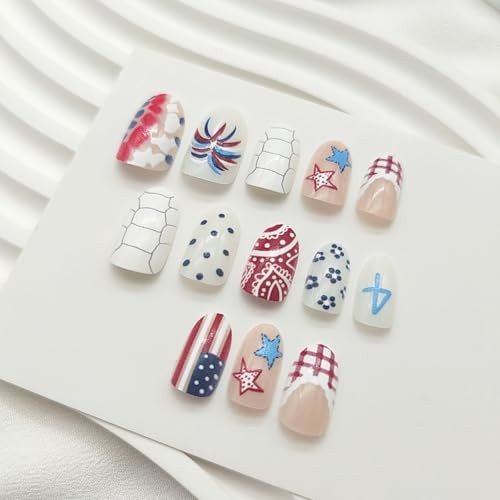 4th of July Press on Nails Short Oval Fake Nails America Flag Star Polka Dots