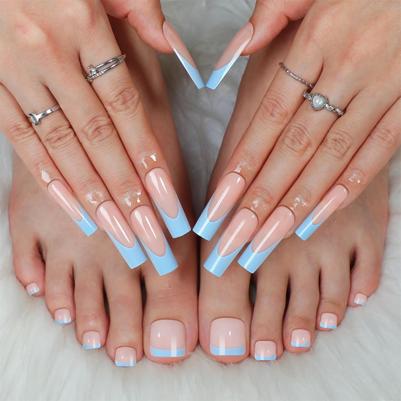 48Pcs Blue French Tips Press on Nails Nude Pink Press on Toenails Medium Long…
