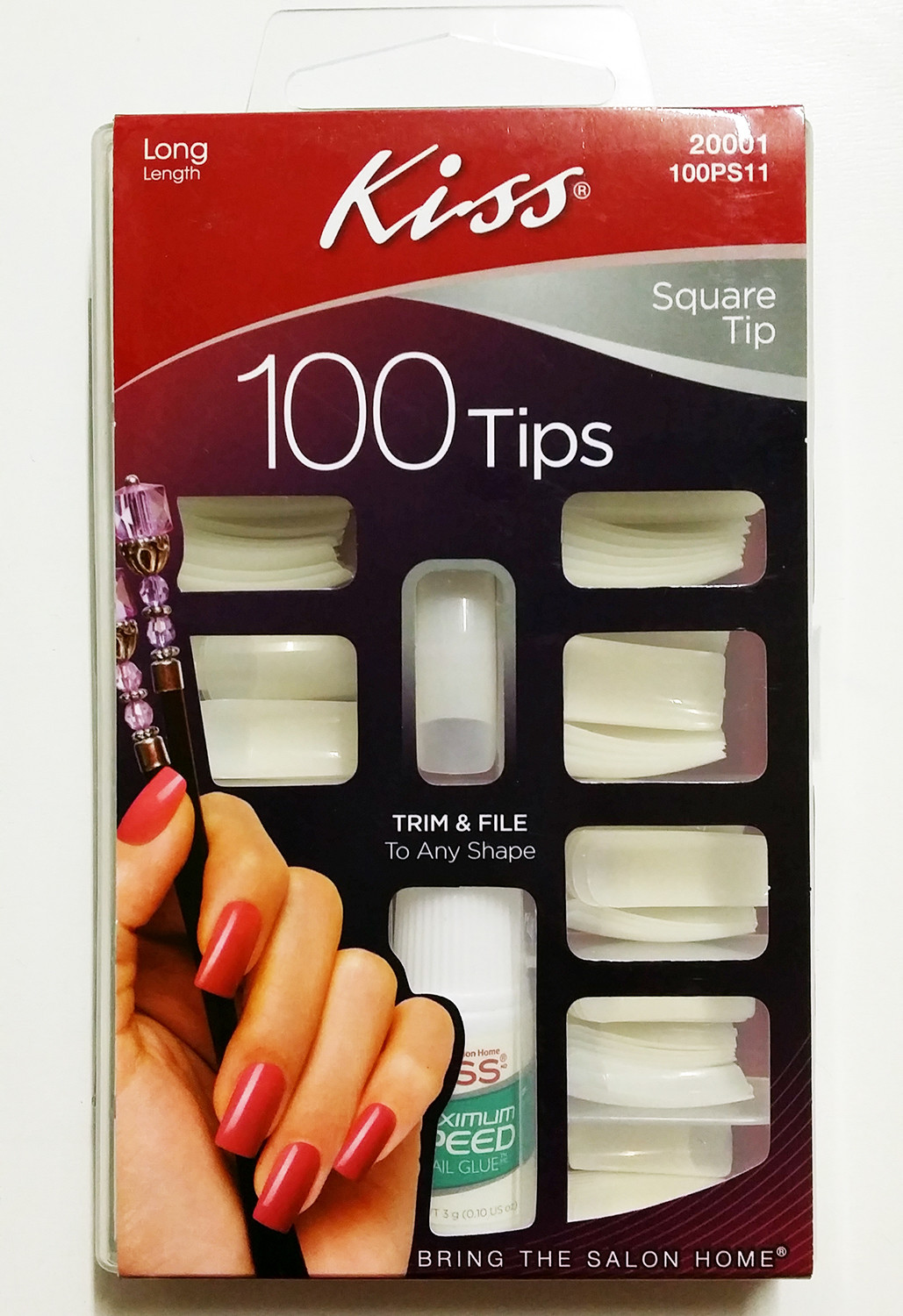 KISS SQUARE TIP 100 TIPS #20001 100PS11 LONG LENGTH GLUE ON FALSE NAILS