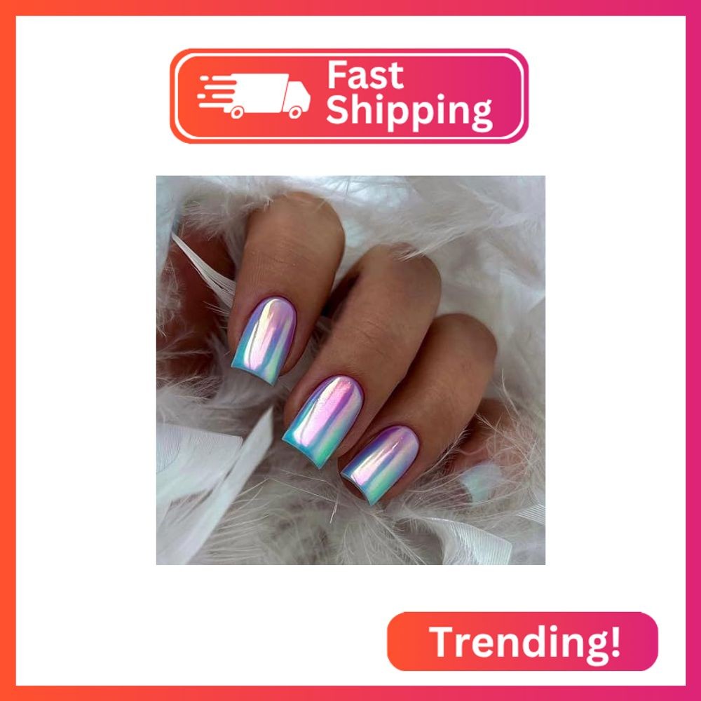 Ombre Blue Purple Press on Nails Square Short Medium Fake Nails Fantasy False Na