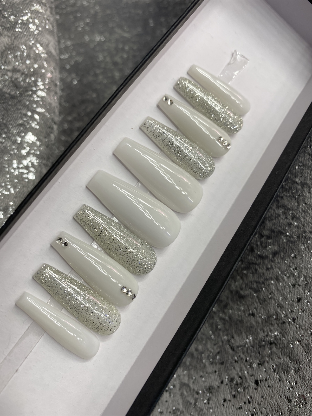 Luxury Gel Press On Nails, MILKY WHITE w/ BLING , Long Coffin, 10p W/ KIT