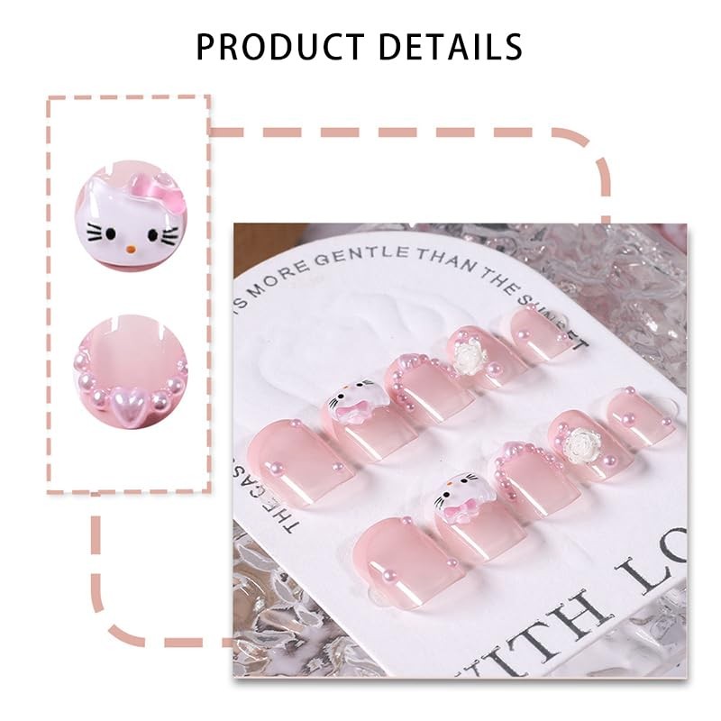 Pink French Tip Press on Nails Short Square Cute Fake Nails with Cat Flowers …