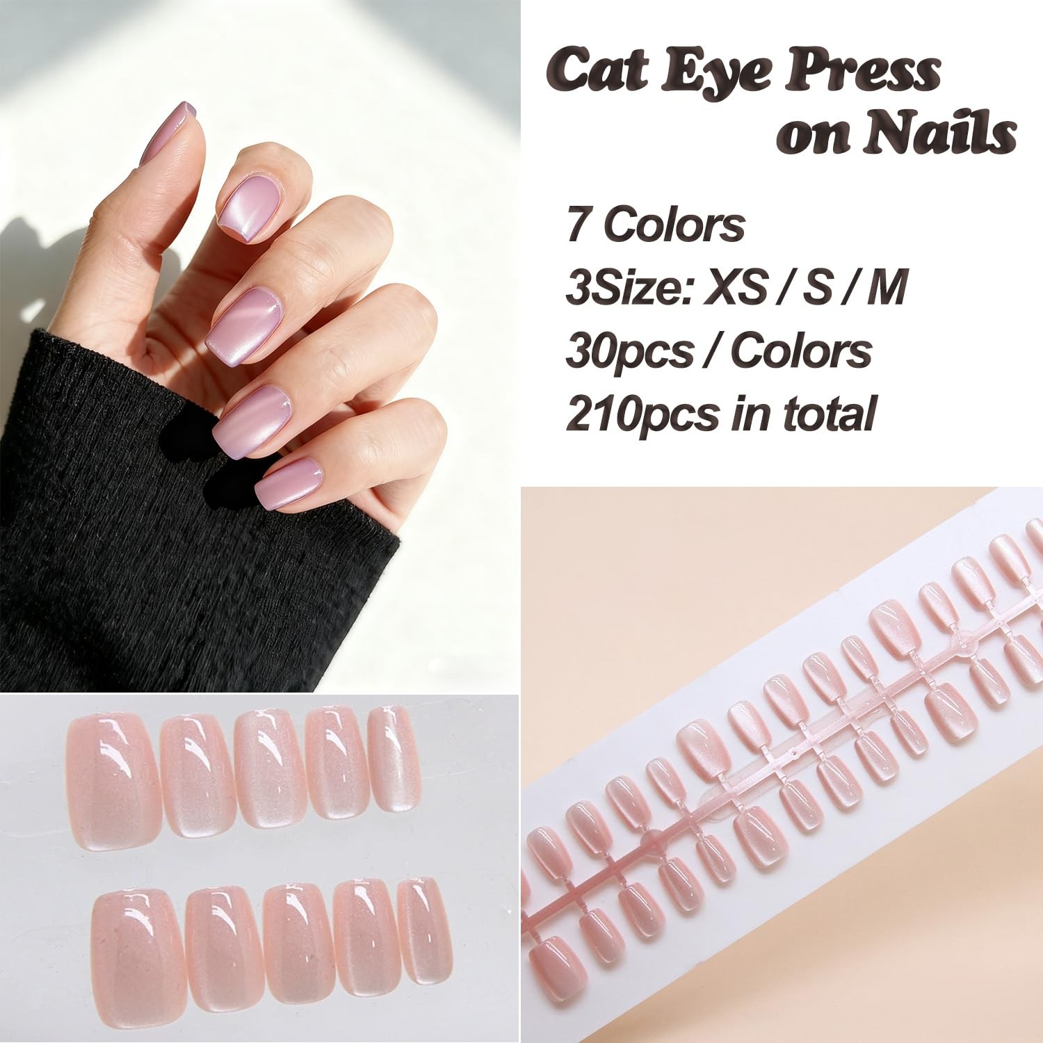 Cat Eye Press on Nails-7 Colors Press On Nails Short Square 210Pcs Reusable F…