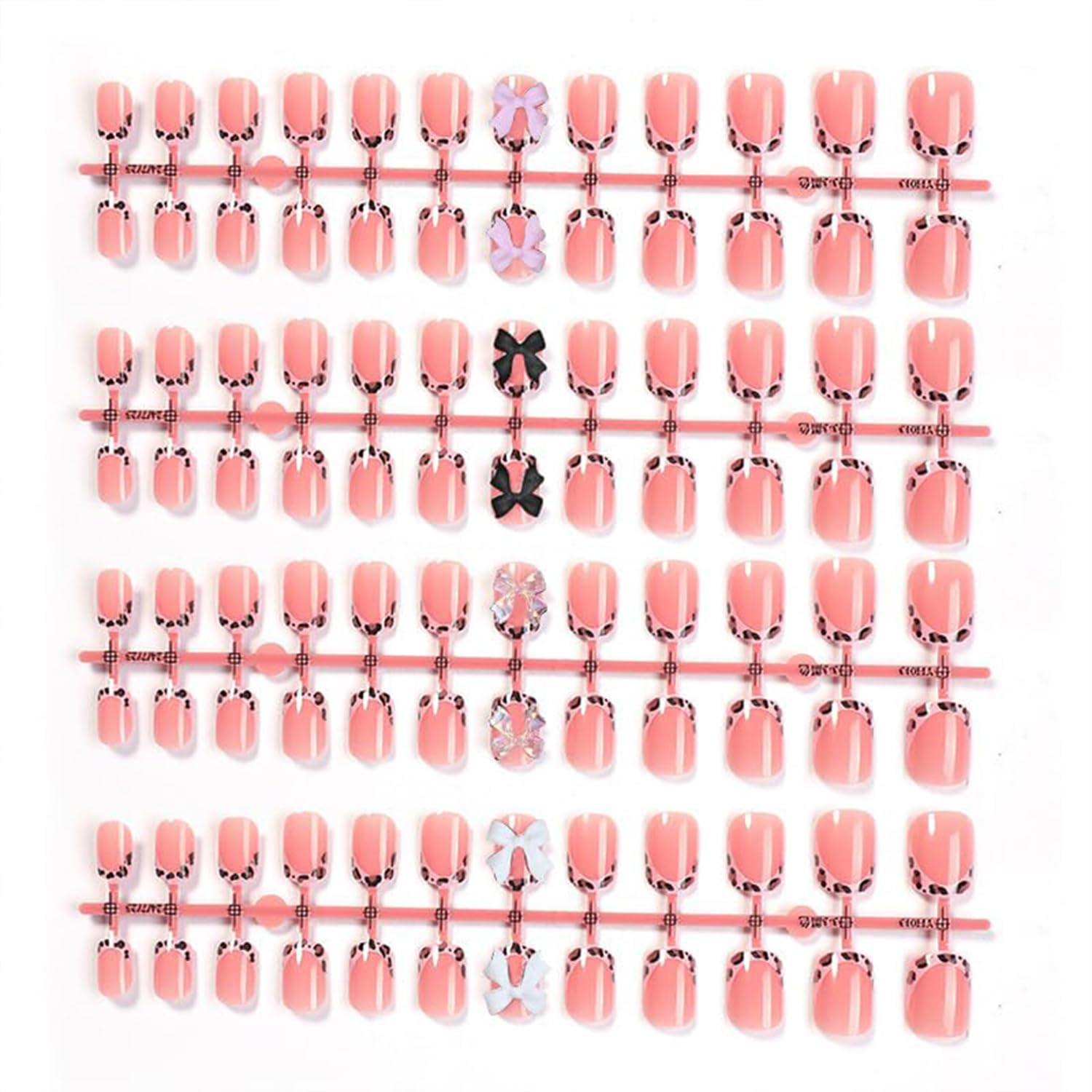 4Packs 96Pcs Pink French Tip Press on Nails Shrot Square Fake Nails with Bow Des