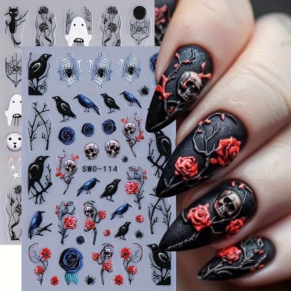2Pcs Halloween 5D Nail Art Stickers – Black Red Roses Crow Skulls and Black C…