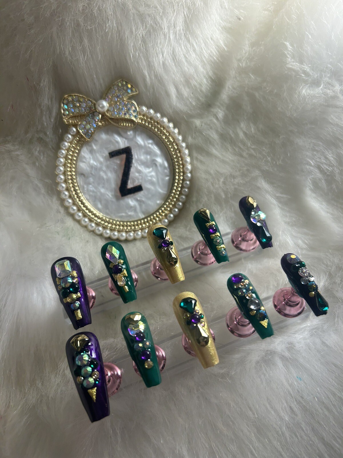 Z NAILZ! Gorgeous Set Of L Ballerina Mardi Gras Heavily Jeweled Press On Nails