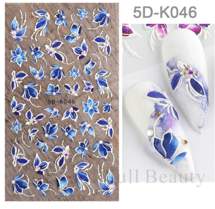5D Blue Purple Lace Butterfly Flowers Nails Art Stickers Embossed Decals NS42