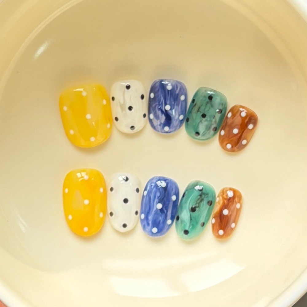 Short Square Oval Swirl Polka Dot Nails Fashion Art Style Reusable Manicure