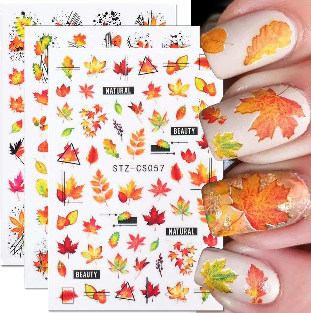Maple Leaf Nail Art Stickers – Fall Nail Decals, Geometric Line Designs, Autumn