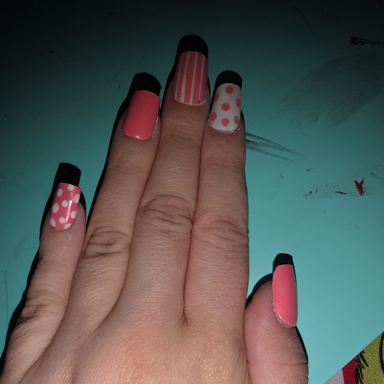 White Polka Dots, Pink, Lined, Pink Polka Dots And Pink Nails Full Set