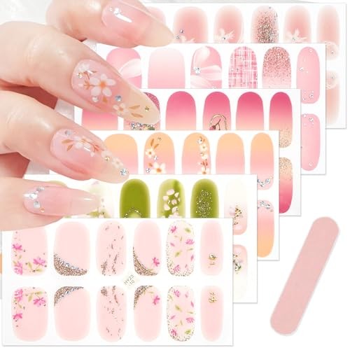 6Sheets Flower Gel Nail Stickers Self-Adhesive Spring Nail Strips Stickers -6