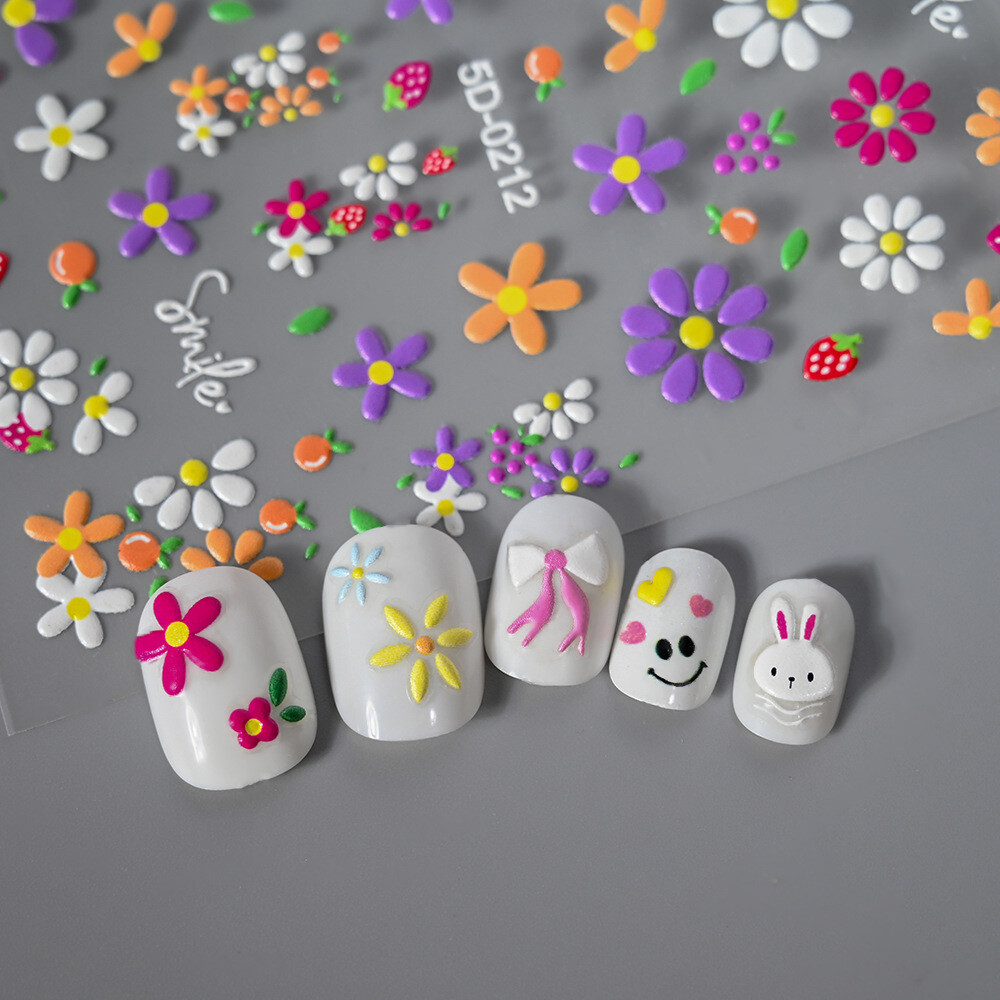 5D Embossed Nail Stickers Daisy Heart Flower Bow Engraved Adhesive Peel NH27