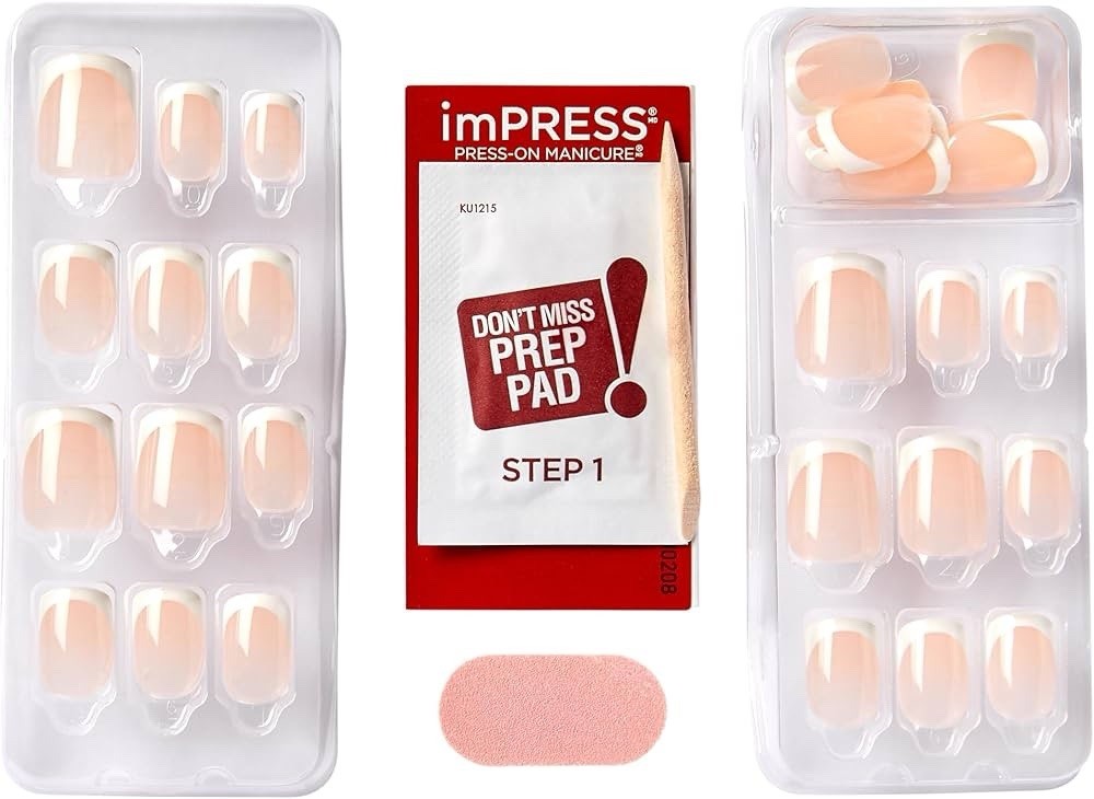 Impress No Glue Mani Press on Nails, Model, Classic French Manicure Kit, 30 Ligh