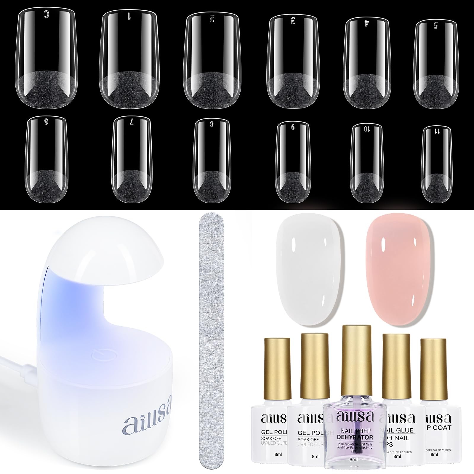 Gel Nail Kit Short Square Nail Tips 240pcs with 2 In 1 Nail Glue Base Coat an…