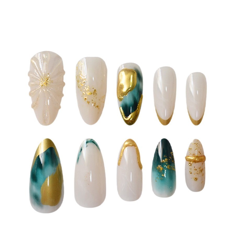 48pcs-Ocean-inspired Fake Nails with Teal Gradient, Gold Trim and Shell Details