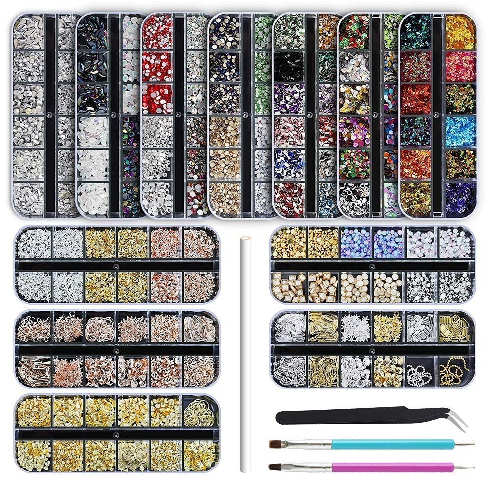 12 Boxes Nail Rhinestones Glitter Gems Crystals Sequins Kit with Tweezers & Pens