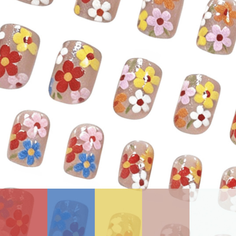 48pcs Short Square Press on Nails, Silver Glitter Multicolor Floral Summer Nails