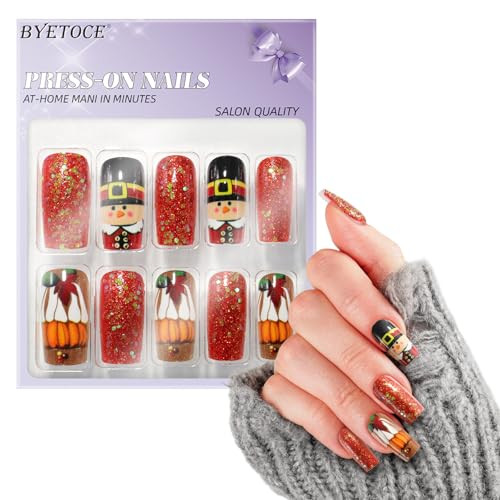 French Tip Press on Nail Thanksgiving Day Fake Nail Medium Coffin design 17