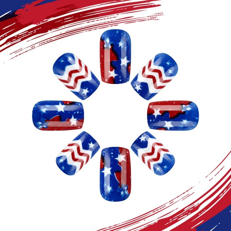 48pcs-USA Themed Press on Nails with Fireworks, Chevron and Stars, Glossy Square