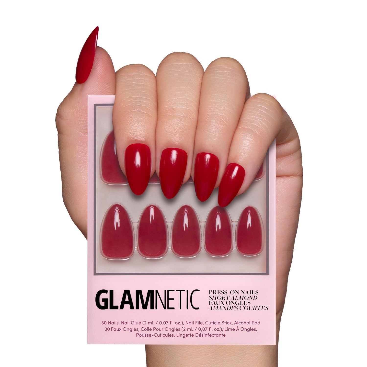 All-In-One Short Almond Red Press On Nails Kit – 30 Pc, Glue Included, Reusable