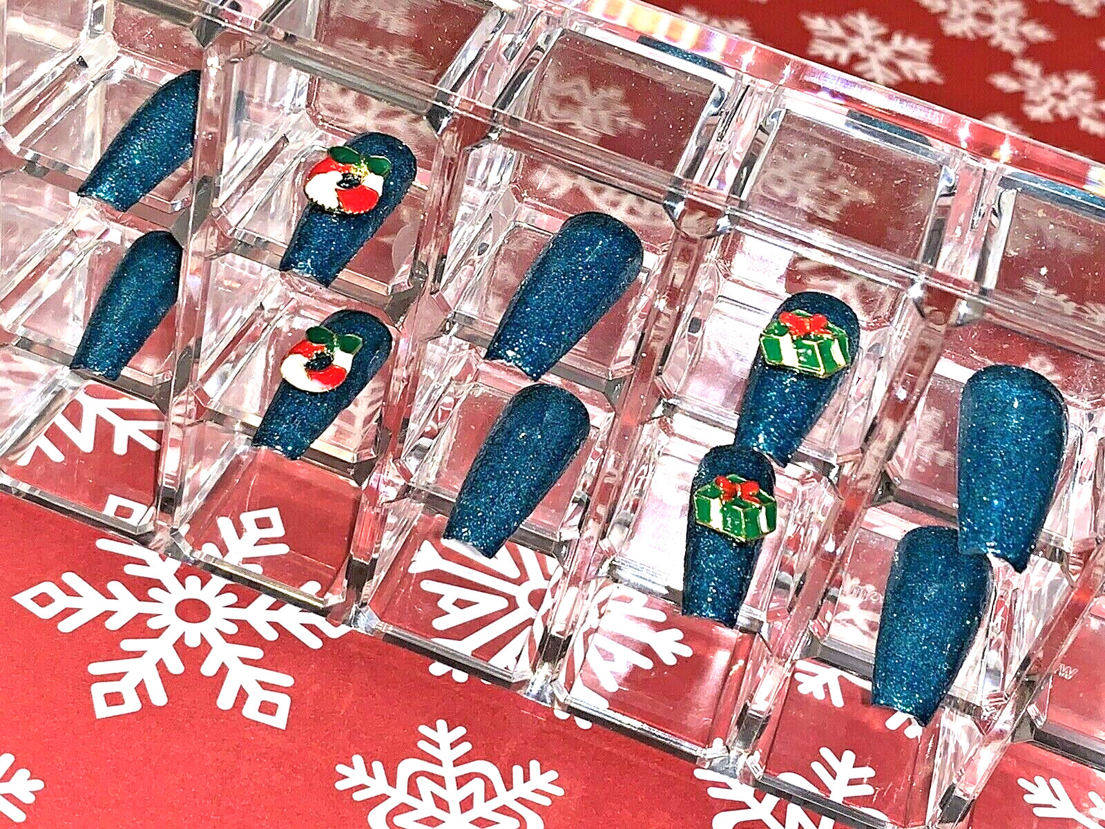 Custom Designed Long Coffin Press On Nail Set Christmas China Glaze Green Polish