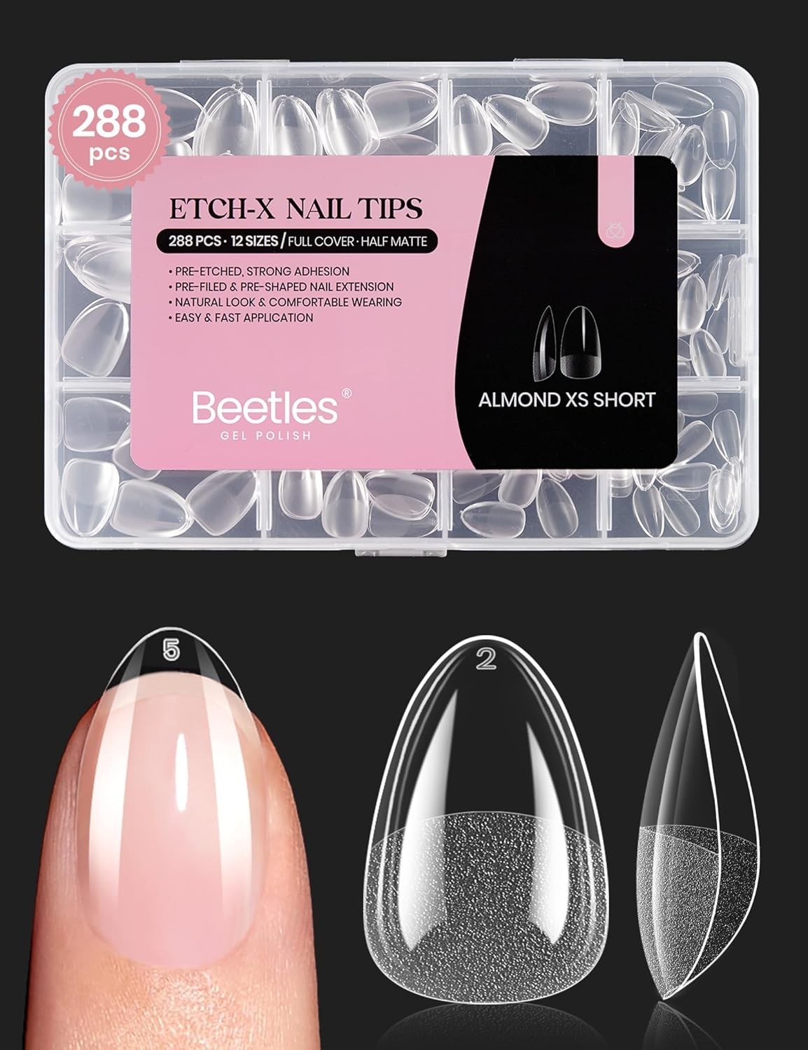 Beetles Almond Nail Tips Set, 288 PCS – Pre-Shaped, No Filing Needed, 12 Sizes
