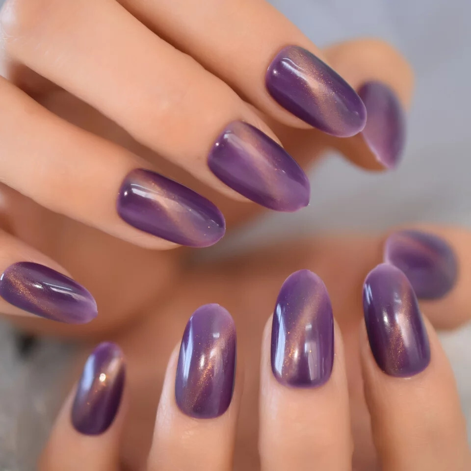 24 Medium Press on Nails kit glue on purple galaxy cat eye magnet grape almond
