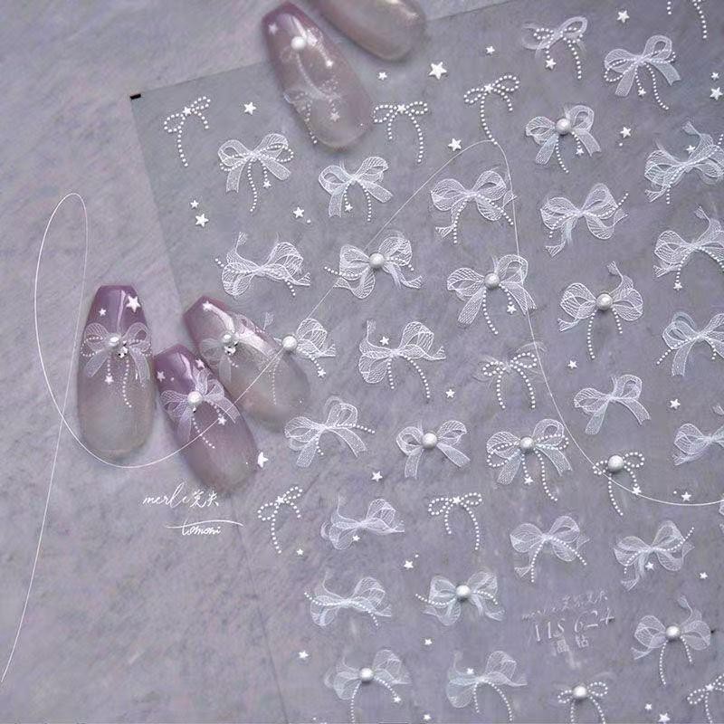 DIY Nail Art Stickers, White 5D Lace Bows with Pearls & Crystals – Self-Adhesive