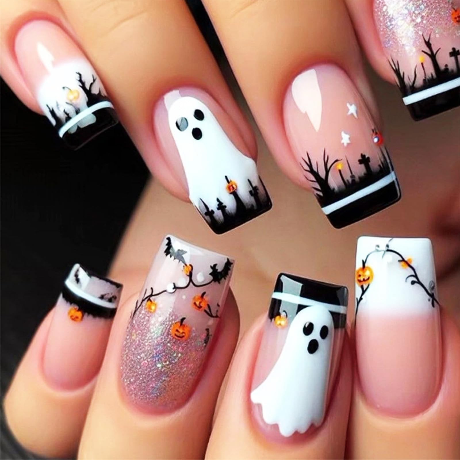 Halloween Press on Nails Pumpkins Stick on Fingernails 24Pcs Ghost Medium Squ…