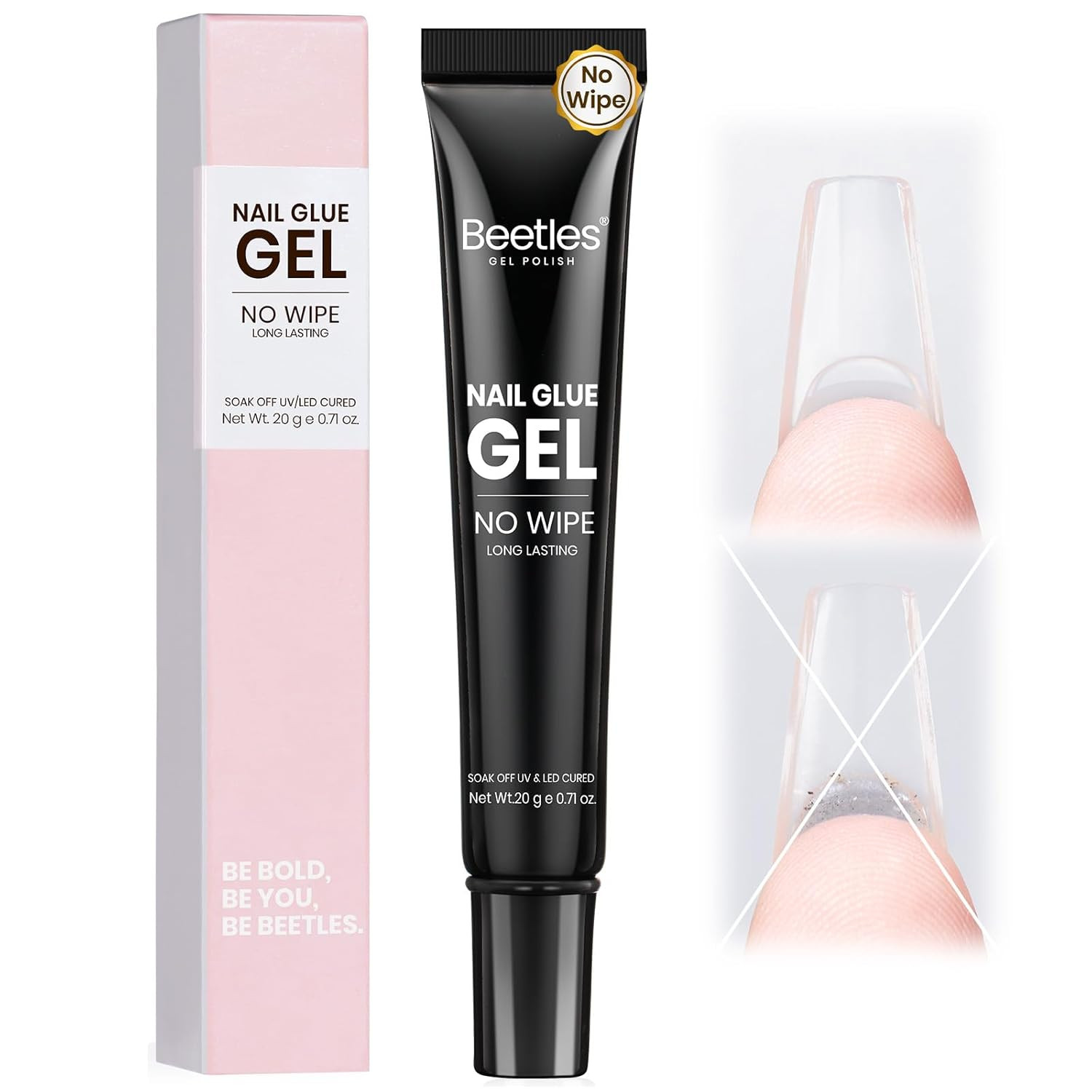 Beetles 20G Solid Nail Glue Gel – No Wipe, Hands-Free Soft Nail Tips Glue for Fa