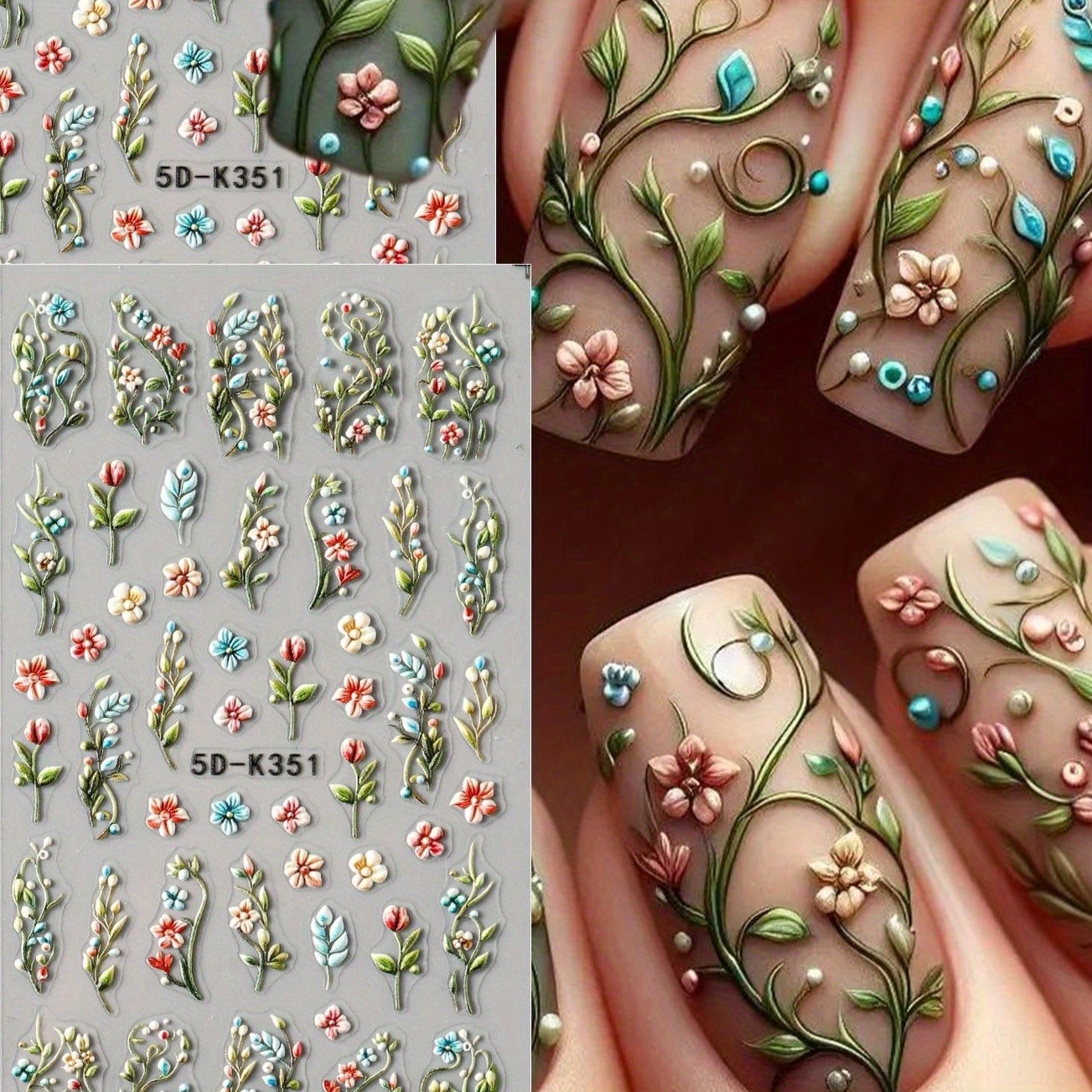 4pcs 5D Embossed Nail Stickers Green Grape Leaf Floral Self-Adhesive Nail Decor