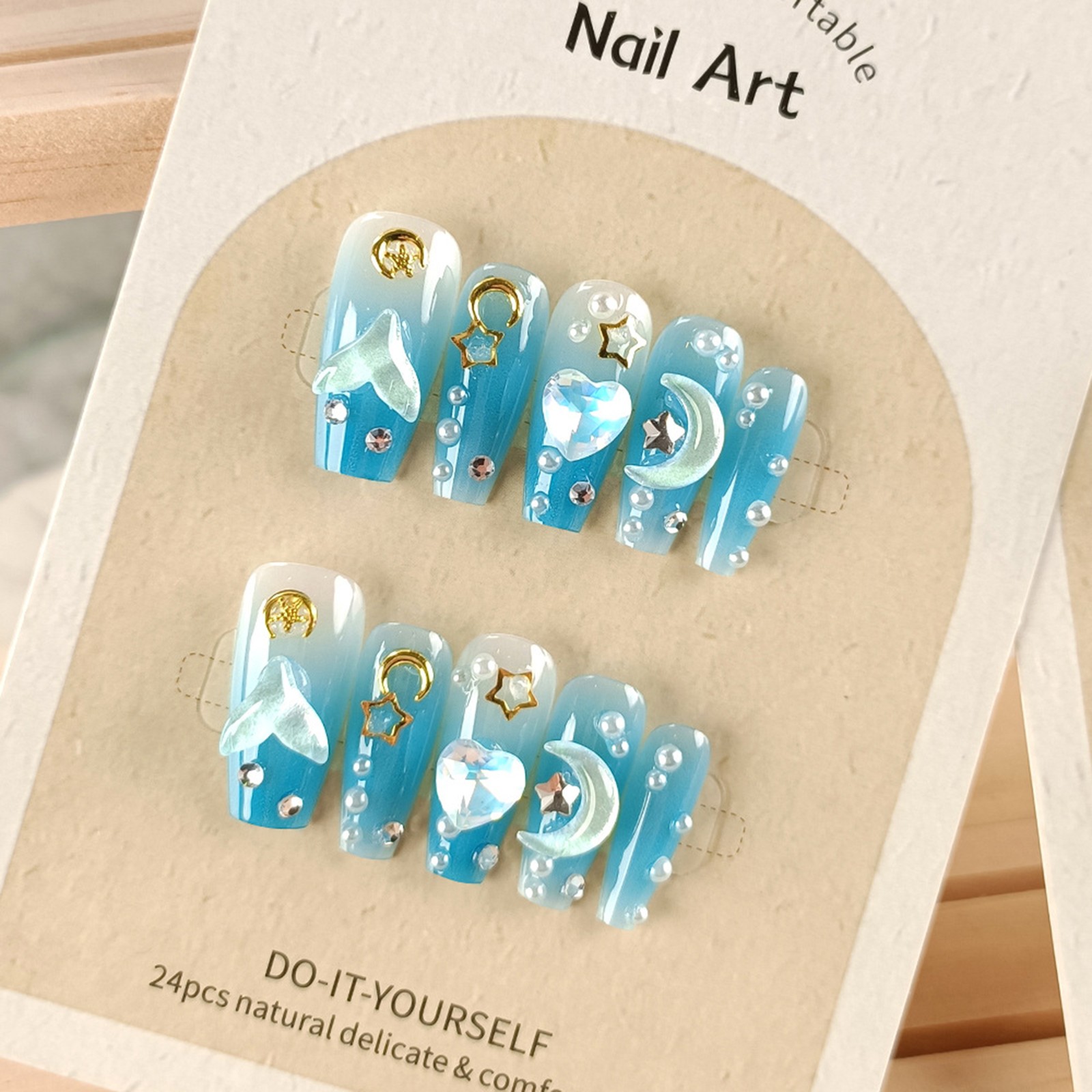 Nail Art Stickers 3D Heart Blue Icy Clear Ocean Moon Collection 10-Piece Set